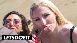 Frida Sante és Georgie Lyall forrón szopogatnak és baszódnak egy termetes faszon a strandon